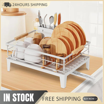 Upgrade Dish Racks for Kitchen Counter Carbon Steel Dish Drainer with Removable Cutlery Holder & Drainboard, White