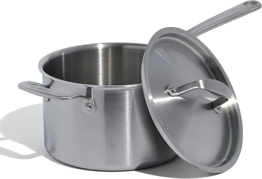 4 Quart Stainless Steel Saucepan with Lid, 5 Ply Clad, Induction Compatible, Crafted in Italy