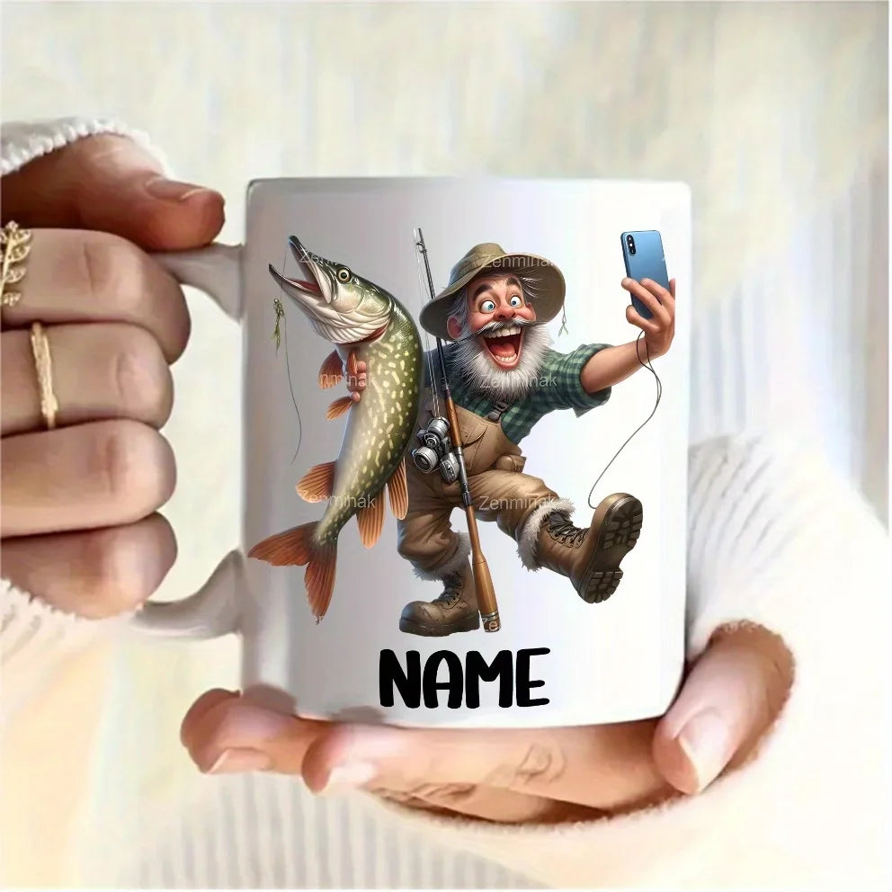 1PC 11oz Custom Ceramic Mug, Custom Name & Text, Fishing Pattern, Perfect Gift for Fishing Lovers