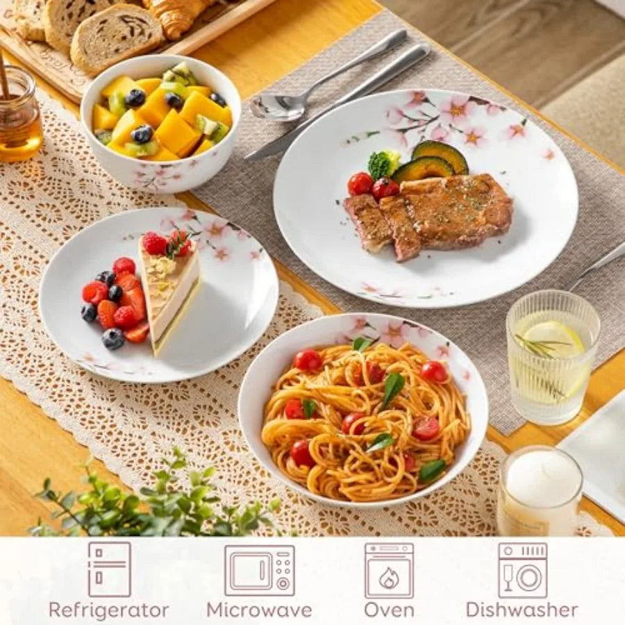 Dinnerware Set for 6 24 Pieces Porcelain Plates and Bowls with Pink Floral Design Microwave and Dishwasher Safe Classic Dining