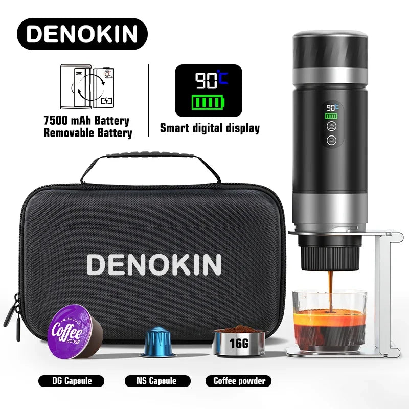 DENOKIN 3-in-1 Portable Espresso Coffee Machine With Digital Display Removable Battery for Car & Home Camping Coffee Maker