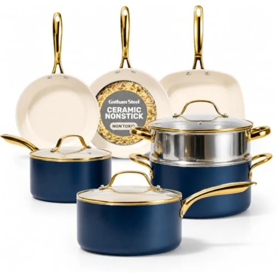 Ceramic Cookware Nonstick, Ceramic Pots and Pans Set Non Stick with Steamer for Cooking, Non Toxic PFOA PFOS Free, Premium Stay