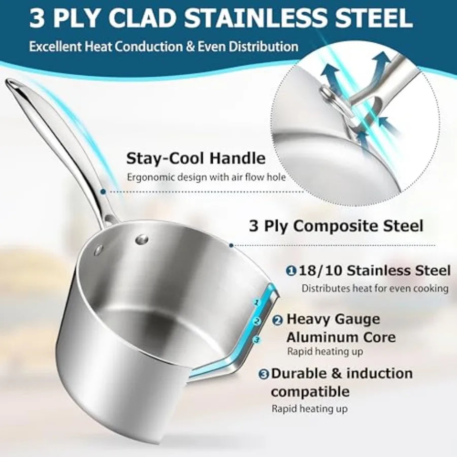 Stainless Steel Saucepan Set and and Sauce Pan with Lids 6pcs Tri-Ply Bottom Induction Compatible Small Cooking Pot kitchen Coo