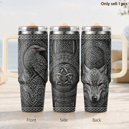 Norse Wolf Raven Celtic Prints Vacuum Flasks 40oz 3rd Gen Vacuum Insulated Stainless Steel Tumbler Cup With Handle Straw Lid