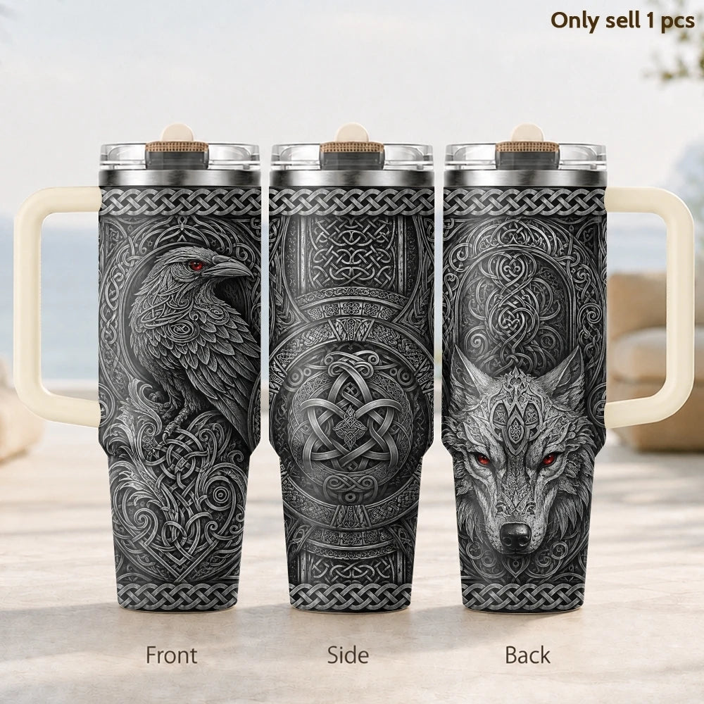 Norse Wolf Raven Celtic Prints Vacuum Flasks 40oz 3rd Gen Vacuum Insulated Stainless Steel Tumbler Cup With Handle Straw Lid