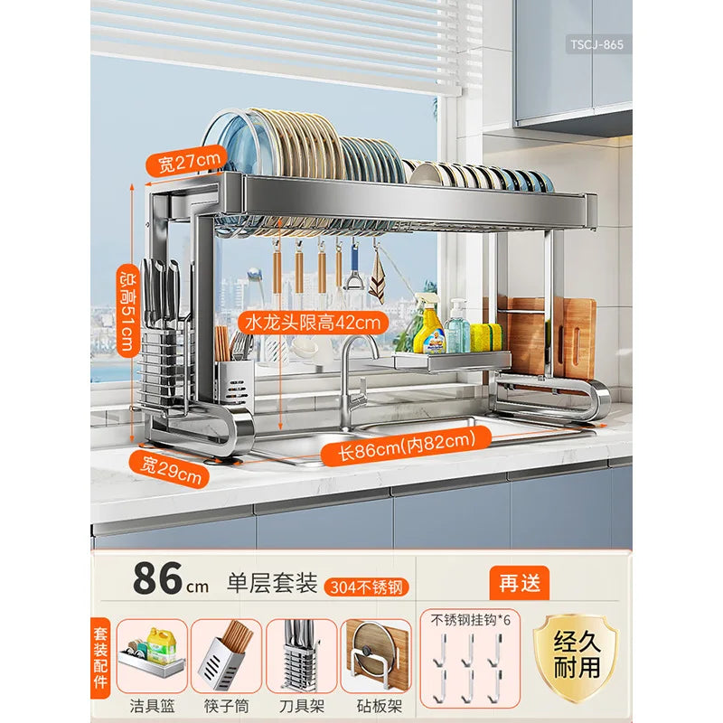 304 Stainless Steel Sink Storage Rack 2 Layers Kitchen Shelf Multifunctional Bowl Dish Drain Basket Space Saving Organize Shelf