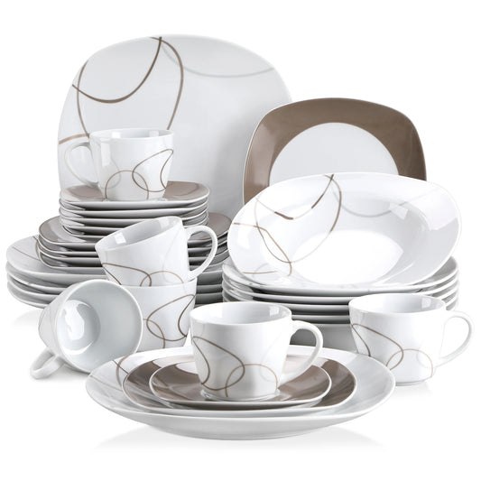 VEWEET 30-Piece Porcelain Ceramic Kitchen Dinner Plate Set with 6pcs Dessert Plates/Soup Plates/Dinner Plates/Cups/Saucers