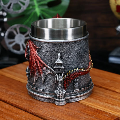 Western Monster Dragon Mark Coffee Cup, Stainless Steel Dragon Statue Water Cup, 3D Castle Guardian Dragon Beer Cup