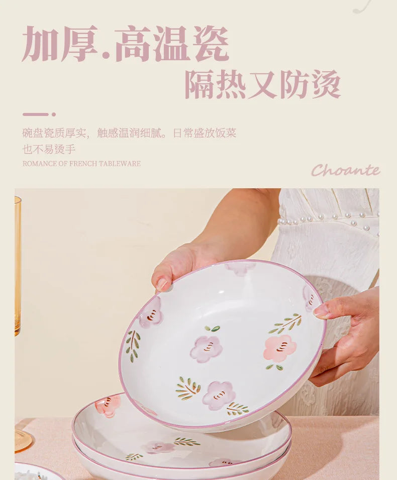 Flower, Underglaze Color, Ceramic Tableware, Bowl and Plate Combination