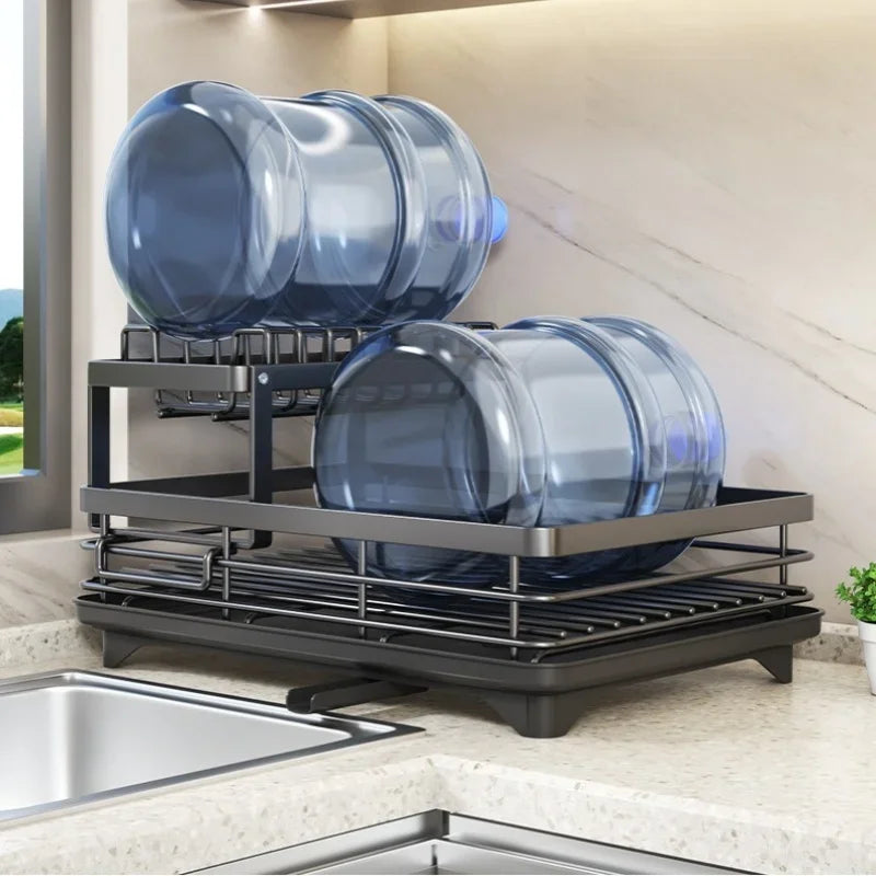 Kitchen Dish Drain Rack Plates Bowls Chopsticks Carbon Steel Storage Rack with Drain Board Sink Countertop Tableware Storage
