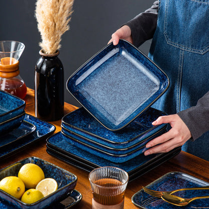 Vancasso Stern Dinner Set Blue Square Kiln Change Glaze Tableware 16 Pieces Kitchen Dinnerware Ceramic Crockery Set for 4 Person