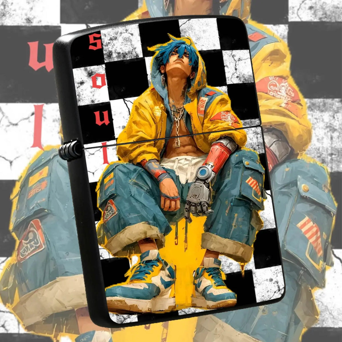 Stylish Cyber Blue-Haired Mechanical Themed Lighter, Black White Checkerboard Art Print Decor, Portable Ignition Tool For Camping Hiking Daily Gathering, Creative Unique Trendy Gift For Friends And Hobbyists, Versatile Practi