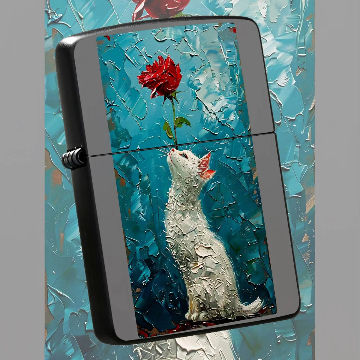 Creative Impasto Style White Cat With Red Rose Pattern Lighter, Exquisite Artistic Portable Daily Companion, Trendy Aesthetic Versatile Item For Home Display, Travel Carry, Gifting To Friends And Family For All Occasion A Hum