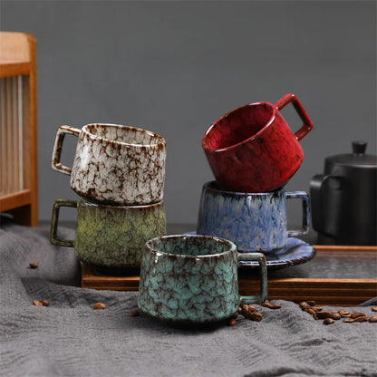 Traditional Arabic Coffee Cup and Dish Set Middle Eastern Style Kiln Transformed Coarse Ceramic Retro Handmade Mug