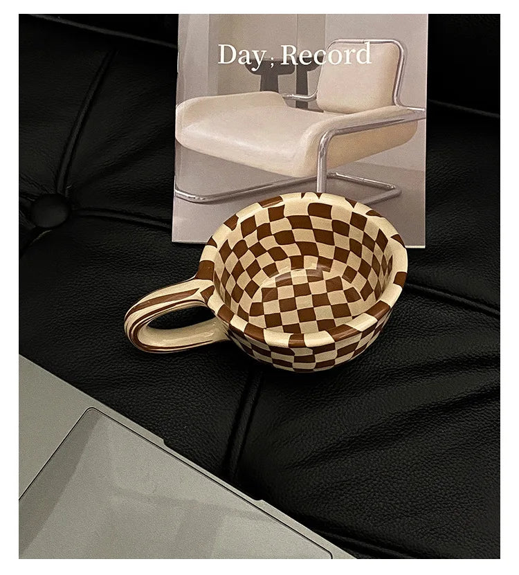 Checkerboard Shape Mug, Korean Retro Ceramic Coffee Mug, Office Latte Mug, Holiday Gift,Home Use Simple Water Cup