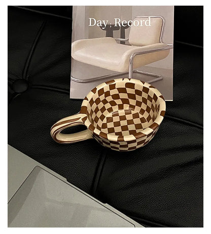 Checkerboard Shape Mug, Korean Retro Ceramic Coffee Mug, Office Latte Mug, Holiday Gift,Home Use Simple Water Cup