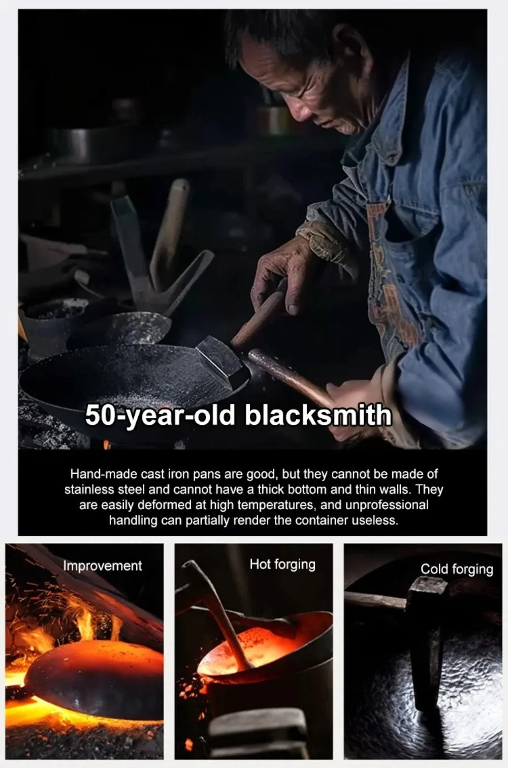 Healthy Hand Forging Cast Iron Pot NonStick Uncoated Frying Pan with Wooden Lid Chinese Wok Induction Cooker Gas
