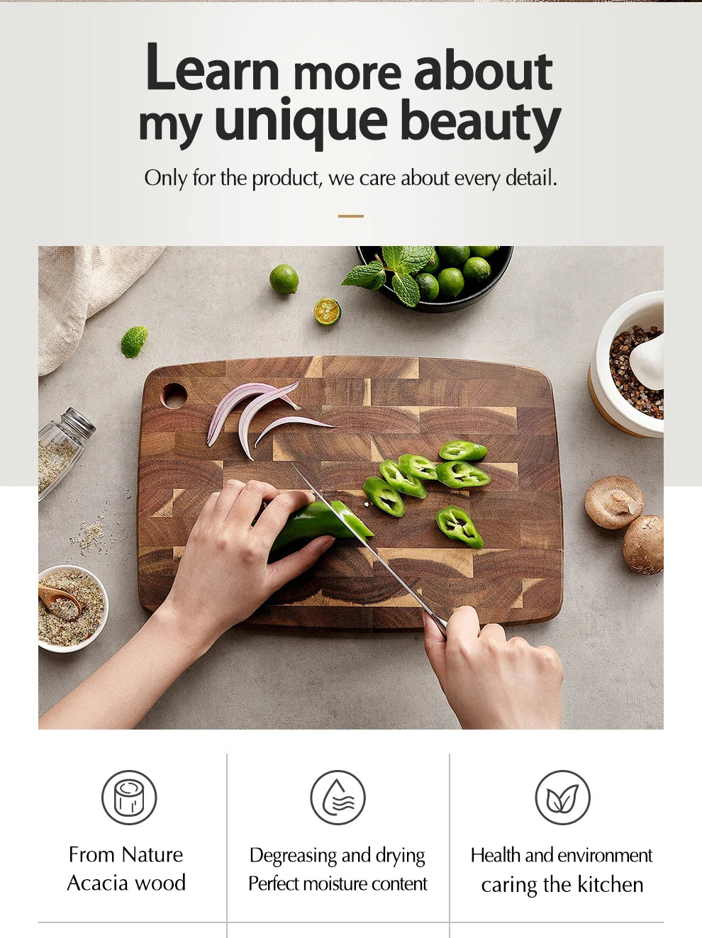 XINZUO End Grain Board Selected Acacia Wood 36x24cm Seamless Design 40% Improved Shock Absorption for Meat, Bread & Vegetable