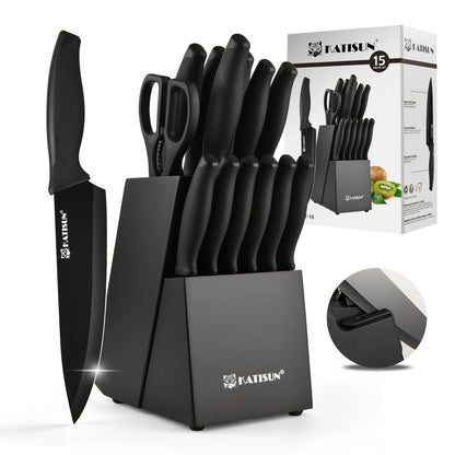 Katisun 15 Pieces Kitchen Knife Set with Block Cutting Board Sharpener German Steel Anti-Slip Handle 6 Steak Knives Black