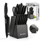 Katisun 15 Pieces Kitchen Knife Set with Block Cutting Board Sharpener German Steel Anti-Slip Handle 6 Steak Knives Black