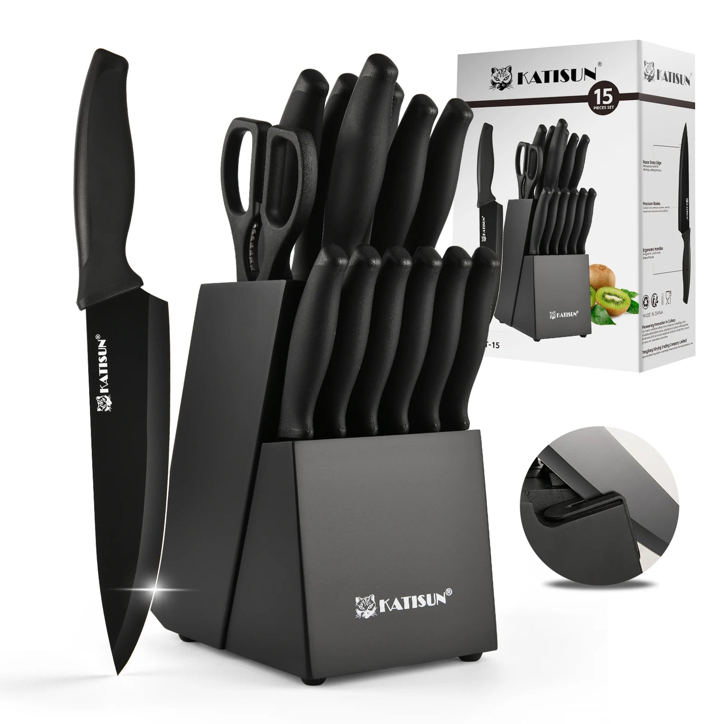 Katisun 15 Pieces Kitchen Knife Set with Block Cutting Board Sharpener German Steel Anti-Slip Handle 6 Steak Knives Black