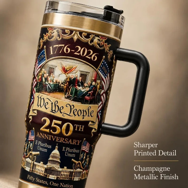 Patriotic US 250th Anniversary Travel Tumbler Stainless Steel Cup With Handle Lid Straw Commemorative Holiday Souvenir