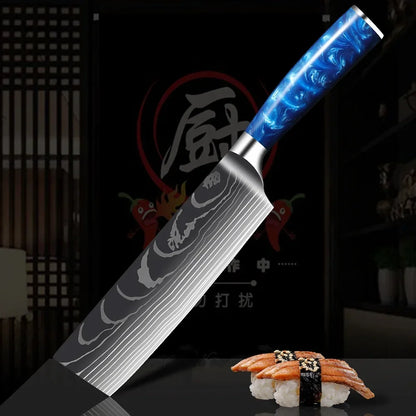 Damascus Pattern Knives Set Stainless Steel Chef Knife Japanese Santoku Knife Boning Knife Meat Cleaver Household Bread Knives