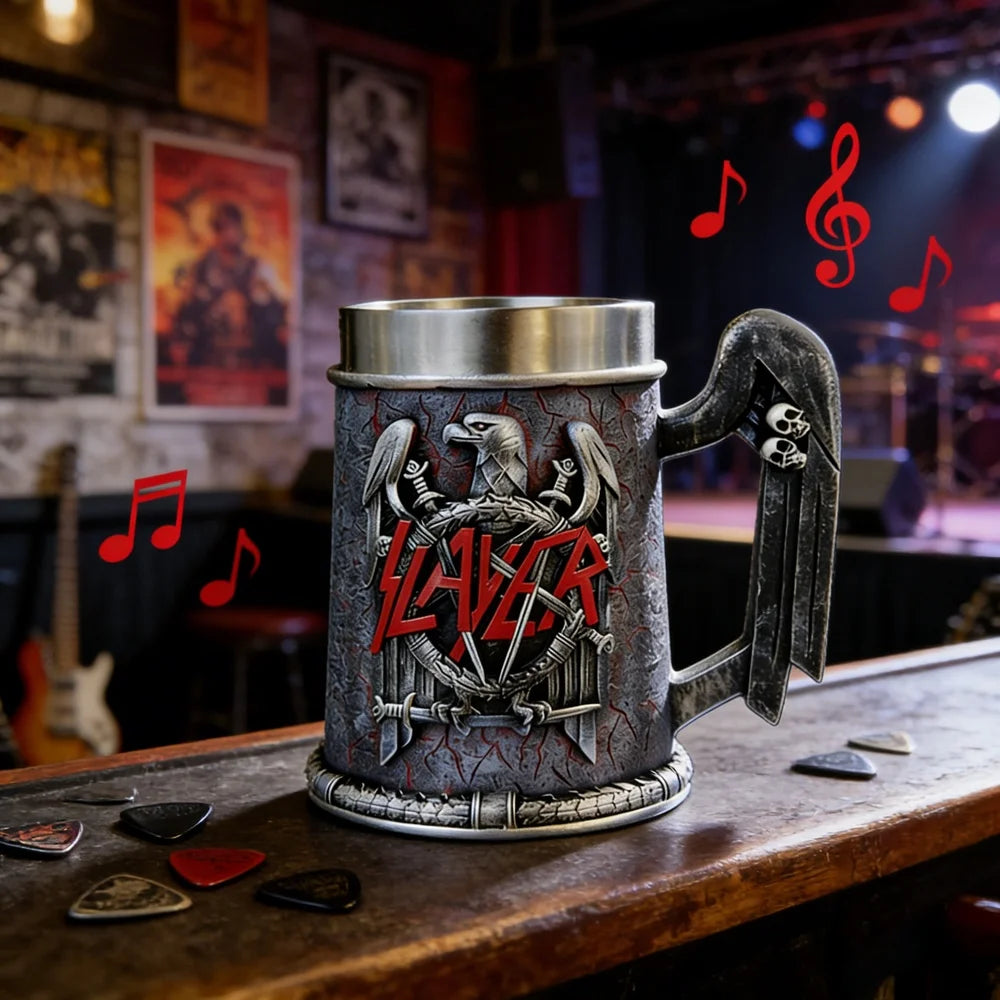 Slayer Tankard Eagle Emblem Mug Resin Outer Stainless Steel Liner Gothic Skull Handle Thrash Metal Band Fan Collectible Gift