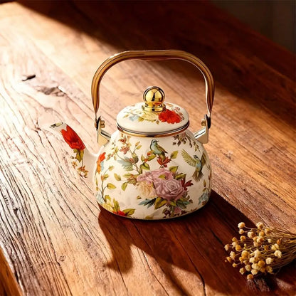This Elegant Enamel Floral Pattern Kettle With A Gold Handle Is A Perfect Outdoor Kettle For Brewing Tea By The Fireplace. Made