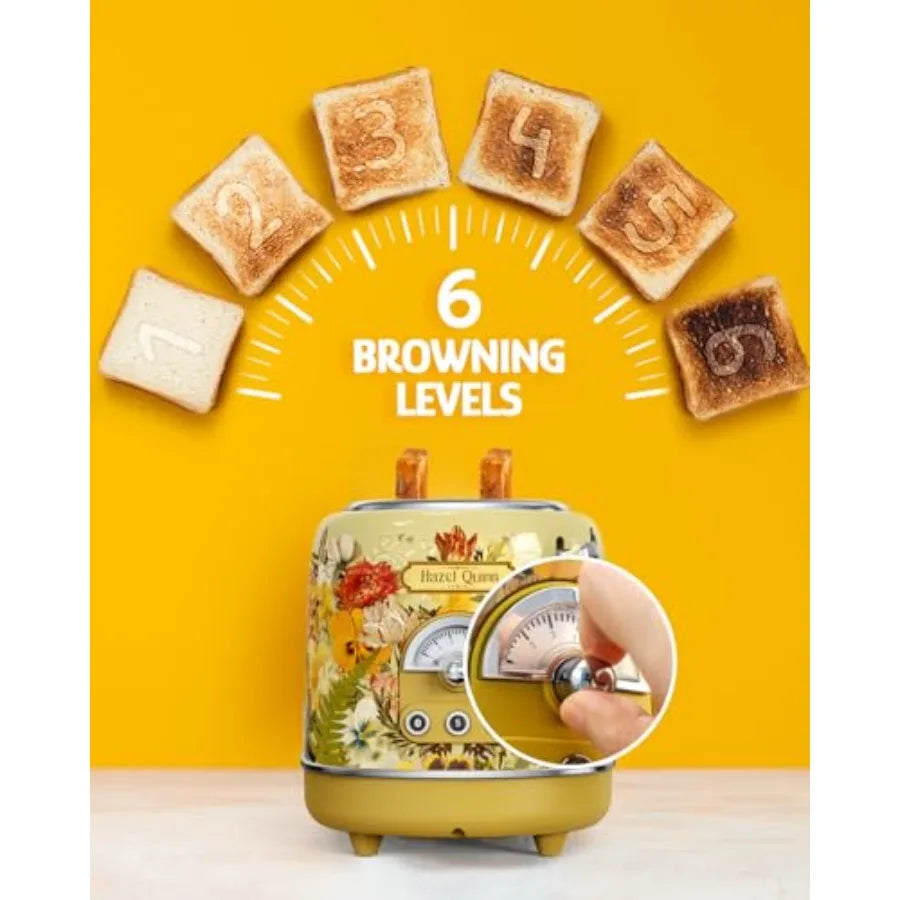 2-Slice Retro Toaster with 6 Browning Levels 3 Functions-Defrost/Reheat/Cancel Removable Crumb Tray 1.5 Inches Extra Wide Slots