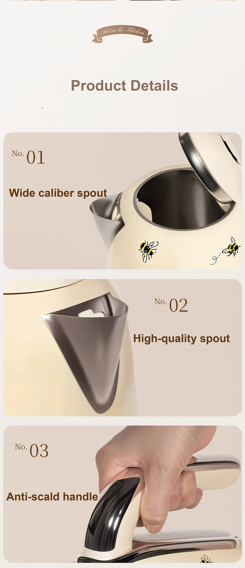 2200W Retro Print Electric Kettle Home 304 Stainless Steel Quick Boiling Kettle Auto Power Off Teapot Kitchen Tools 1.7L