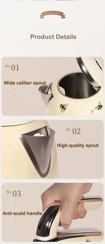 2200W Retro Print Electric Kettle Home 304 Stainless Steel Quick Boiling Kettle Auto Power Off Teapot Kitchen Tools 1.7L