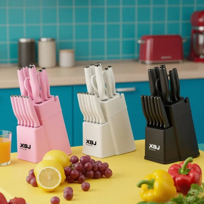 15 Pcs Stainless Steel Kitchen Knife Set with Block & Cutting Board, Ultra Sharp Chef Knives for Home Cooking