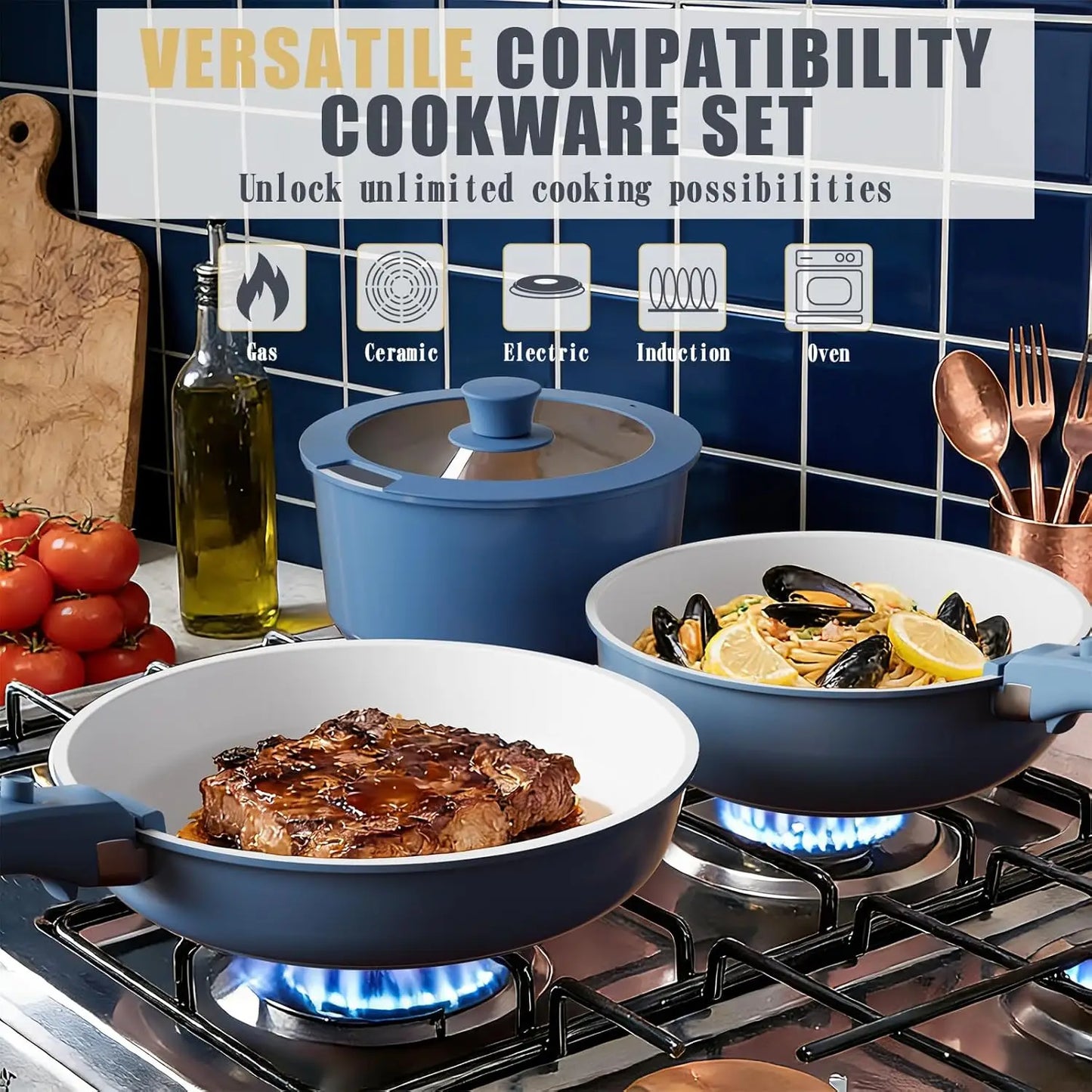 Non Stick Pots and Pans Set, 21 Pcs Ceramic Cookware with Detachable Handles, Induction Ready, Oven Safe, PFAS & PFOA Free, Navy