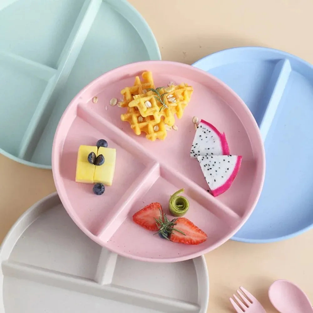 Three-Compartments Divided Plate Eco-Friendly Wheat Straw Reusable Children Dishes Anti-fall Plastic Kitchen Dinnerware Plates