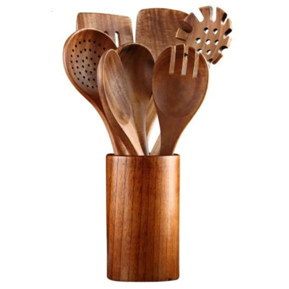 4-8pcs Wooden Cooking Spoon with Storage Bucket Durable Kitchen Utensils Set Natural Material Unbreakable Kitchen Shovel Set