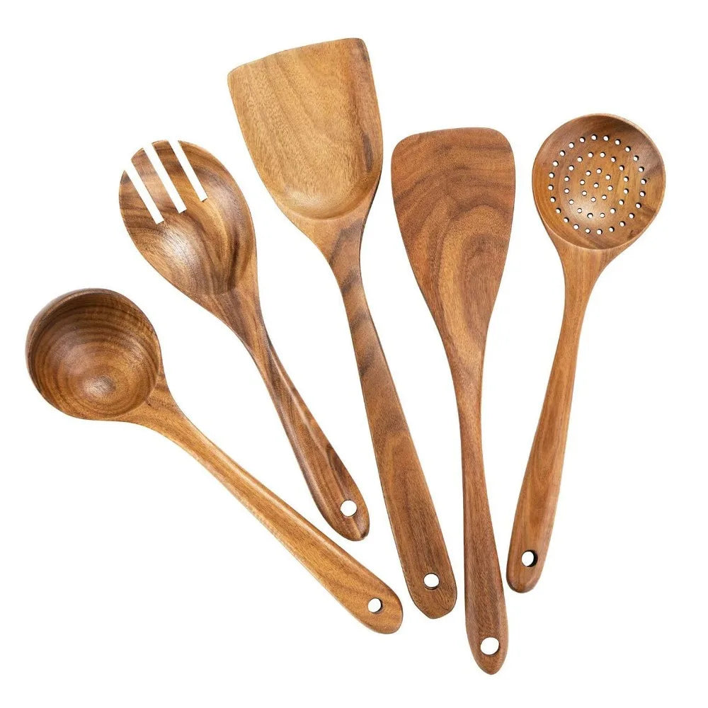 4-8pcs Wooden Cooking Spoon with Storage Bucket Durable Kitchen Utensils Set Natural Material Unbreakable Kitchen Shovel Set