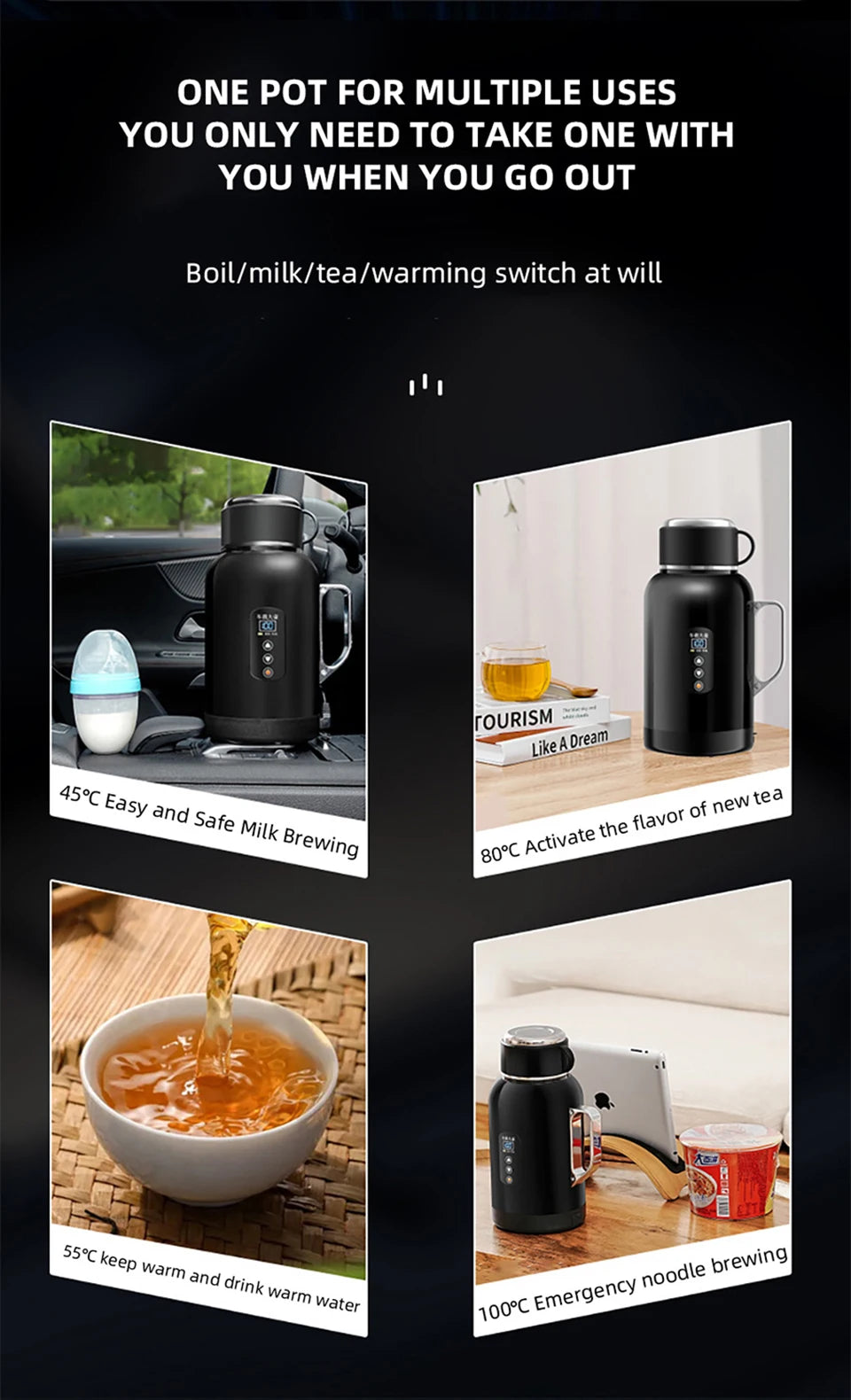 12V/24V Universal Car Kettle 1300ML/1500ML Large Capacity Smart Electric Water Heater LCD Display Temperature Control Stainless
