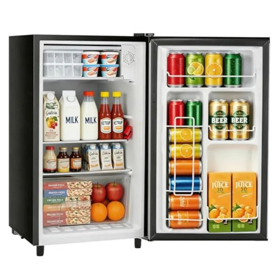 Mini fridge with freezer for bedroom, dorm, office, apartment: silver stainless steel, low noise energy efficient 0.41kWh/day,3