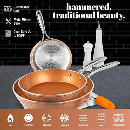 3-Piece Nonstick Copper Pan Set: 8, 10, 12 Skillets, Omelet Pan, Dishwasher Safe, Cool Touch Handles