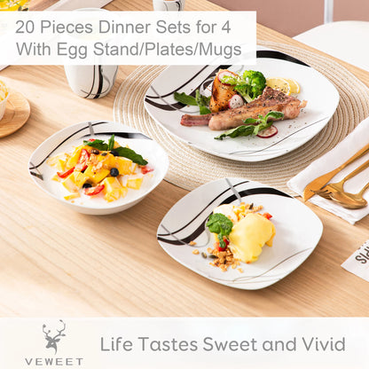 VEWEET FIONA 20/40 Piece Black Stripe Porcelain Dinner Kitchen Plate Combi-Set with Egg Cup/Mug/Bowl/Dessert Plate/Dinner Plate