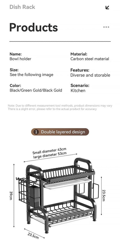 2 Tier Dish Drying Rack Compact Kitchen Dish Rack Rust-Proof Carbon Steel Dish Drainer Drainboard Tableware Water Filter Rack