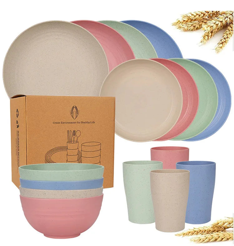 Natural Wheat Straw Tableware Set Dinnerware Sets Biodegradable Unbreakable Plates, Bowls, Cups Lightweight for Kitchen Camping