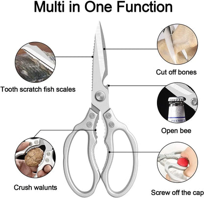 Heavy Duty Kitchen Scissors – Sharp Stainless Steel Cooking Shears for Meat, Chicken, Fish, Poultry, Herbs and Bread, Dishwasher Safe, Silver