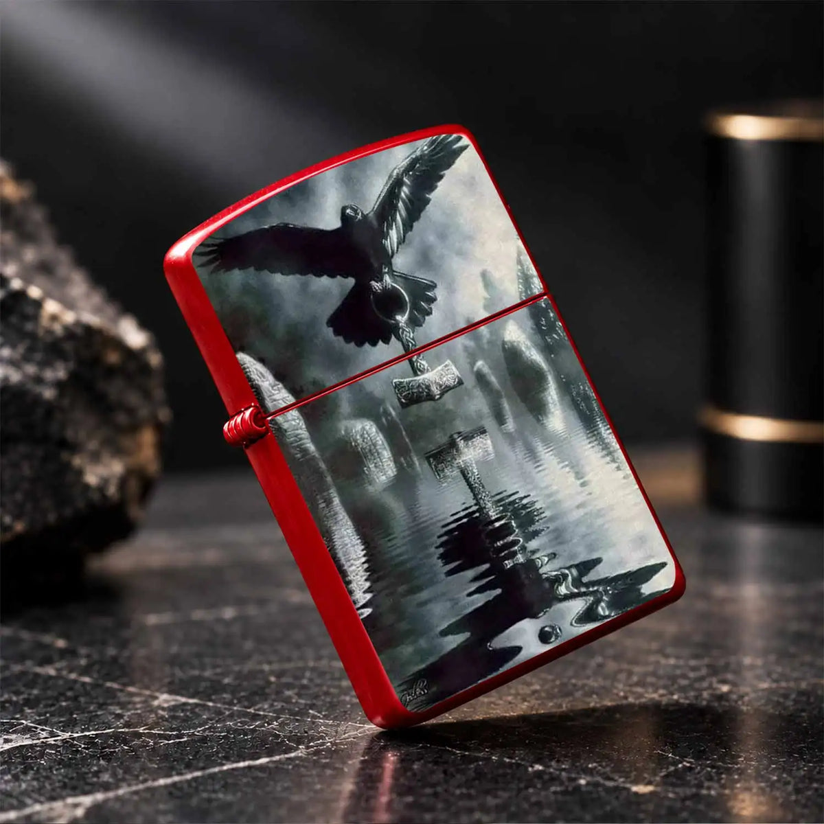 Norse Mythology Themed Lighter With Art Print Of Raven Holding Mjolnir, Misty Ancient Circle Aesthetic Original Design, Portable Delicate Practical Accessory Suitable For Daily Outdoor Gatherings And Various Occasions, Creati