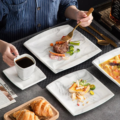 30PCS Marble Grey Porcelain Tableware Dinnerware Set with 6PCS Dessert/Soup/Dinner Plate/Cup/Saucer,Plates and Bowls Sets,FLORA