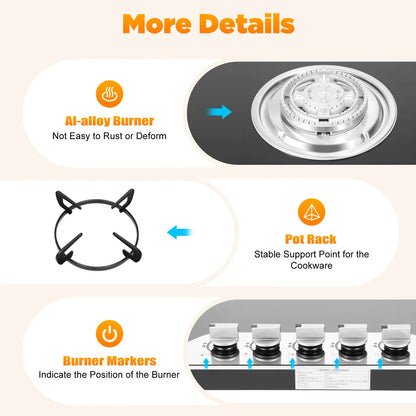 5 Burner Built-in Gas Cooktop Glass Top 3KW Dual Ring High Power Energy Saving 63% Efficiency LPG Natural Gas Stove