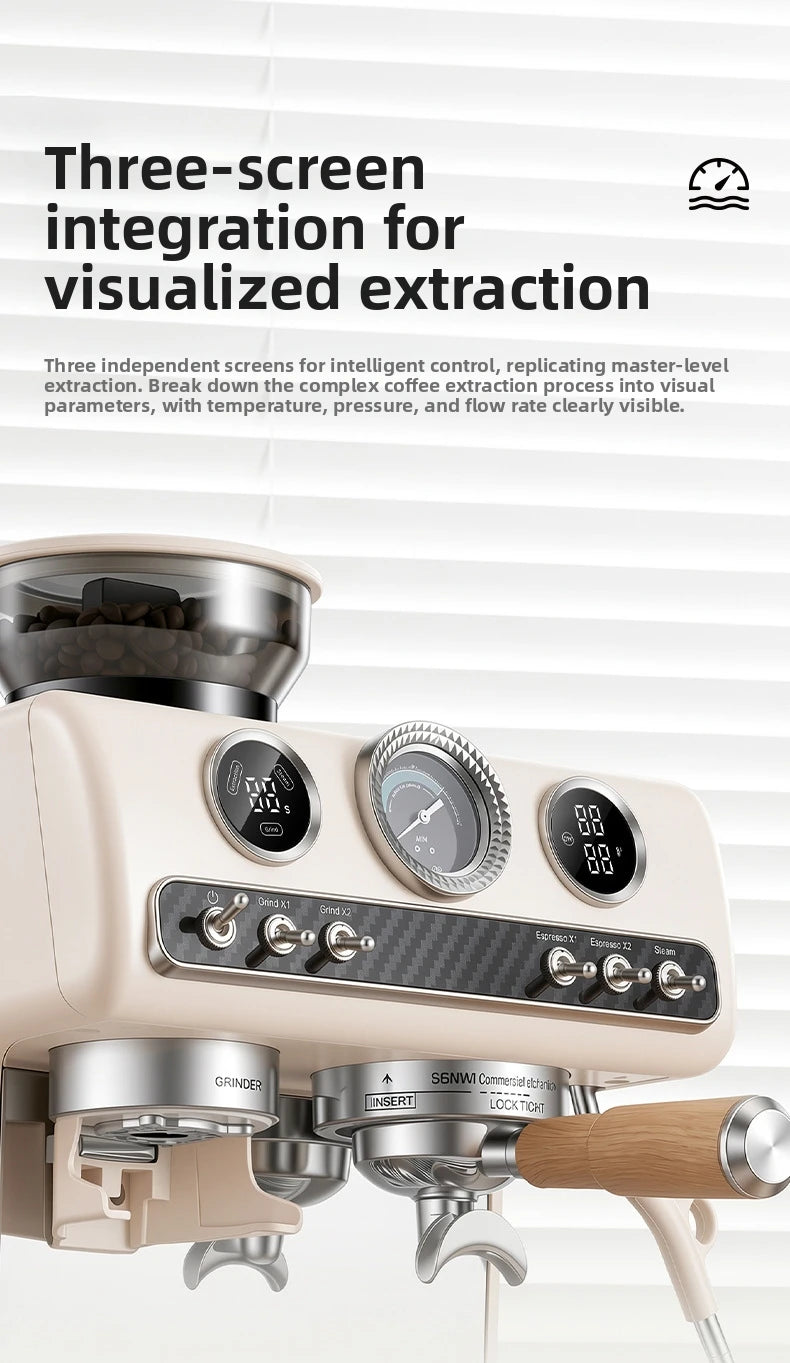 Semi-Automatic Espresso Coffee Machine, Dual Pump Cold & Hot Brew, Built-in Grinder, High Pressure 20 Bar, Compact Home Espresso