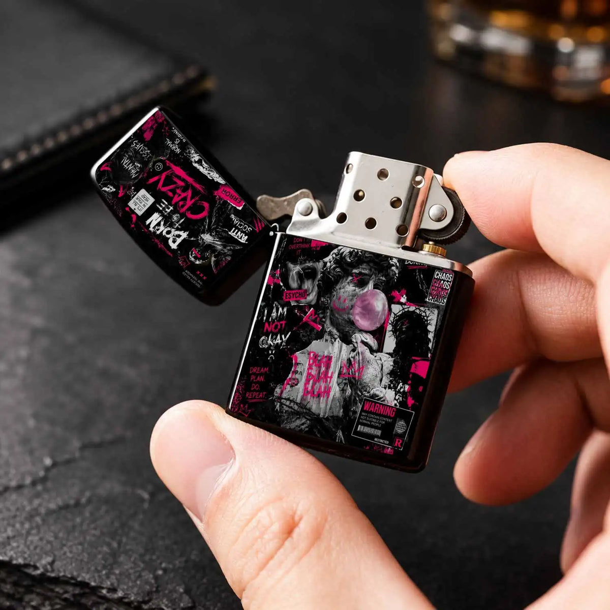 Trendy Street Style Born To Be Crazy Themed Lighter, Distinctive David Blowing Bubbles Art Print, Bold Attitude Statement Decor, Portable For All Daily Scenarios, Unique Niche Cool Gift For Friends, High Vibe Personal Carry A