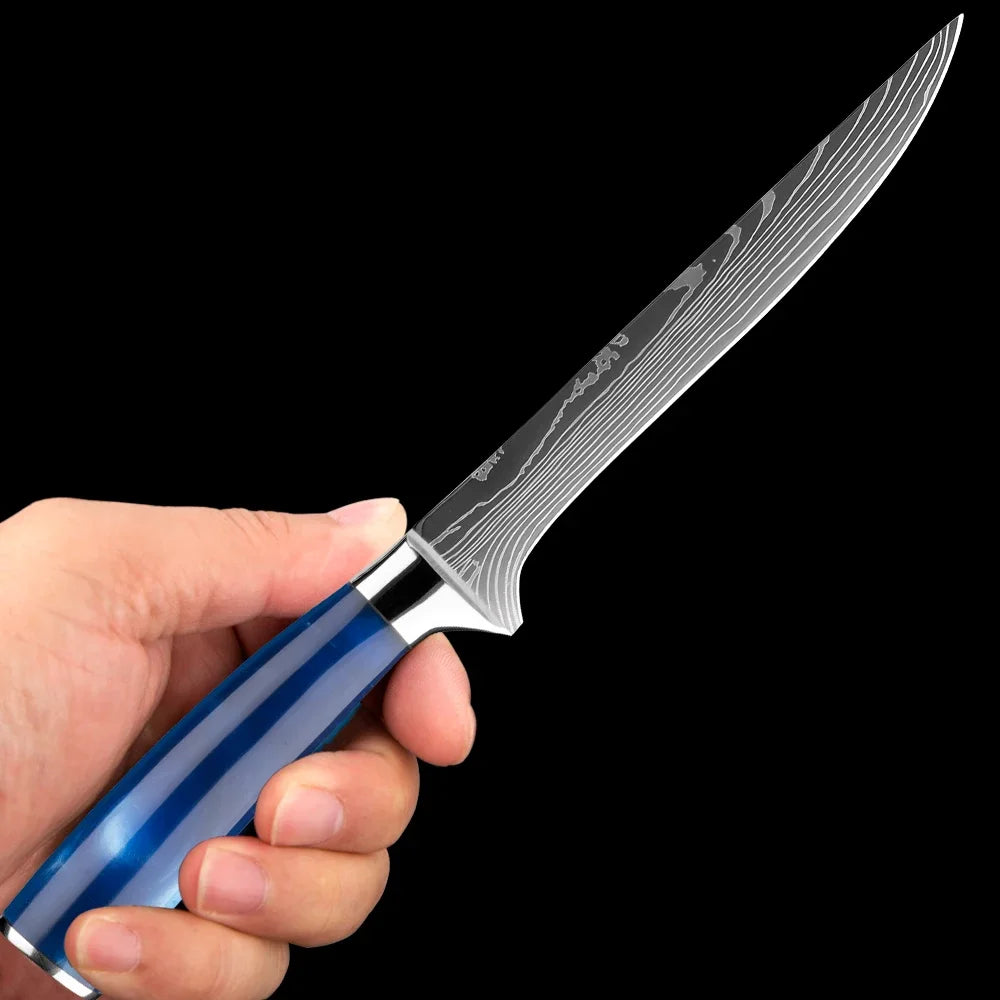 Stainless Steel Chef Knife Kitchen Knife Set 1-8Piece Razor-Sharp Paring Knife, Boning Knife, Santoku Knife, Blue Resin Handle